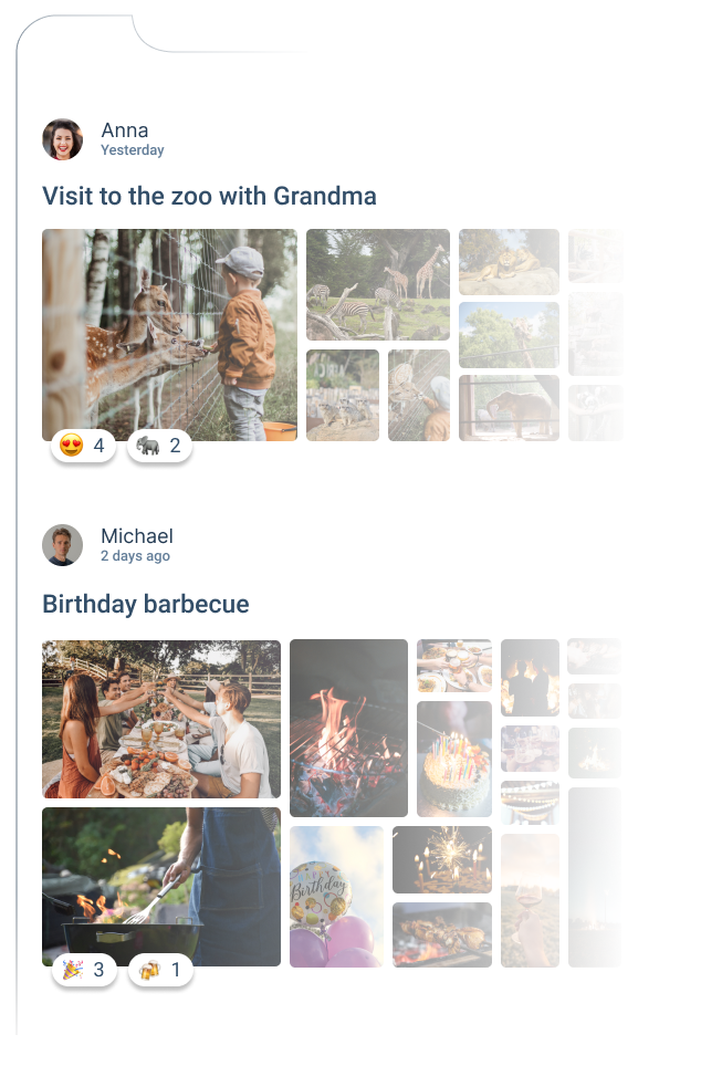 Eine Timeline mit zwei Einträgen betitelt mit Zoobesuch bei Oma und Geburtstagsgrillfeier und viele Fotos